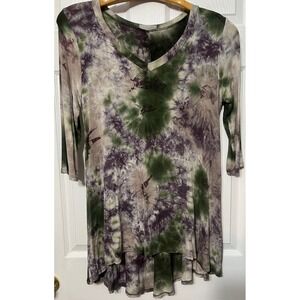 FRUMOS Women's Tie Dye V Neck High Low Tunic‎ Top L made in USA